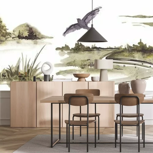 Sticker Watercolor landscape with forest, herbs, bird and field on a white background.