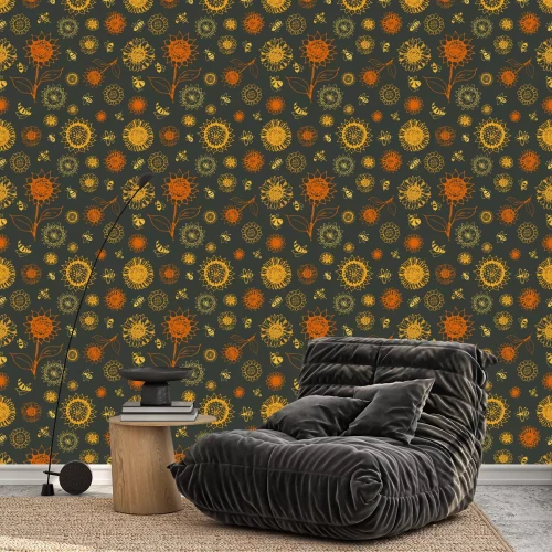 Tapete Sunflowers and bees seamless pattern contour vector illustration hand drawing