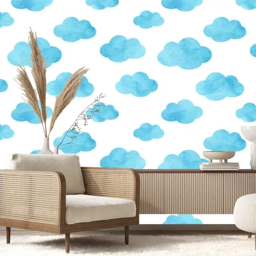 Sticker Blaue Aquarell-Wolken auf weißem Hintergrund