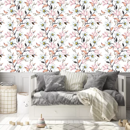 Tapete Seamless pattern with magnolias. Floral illustration on a white background. Hand drawing, watercolor.  Design wallpaper, fabric and packaging