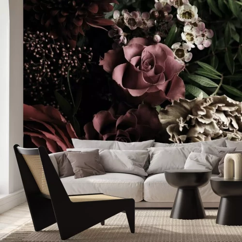 Fototapete Beautiful bouquet of different flowers, closeup. Floral card design with dark vintage effect