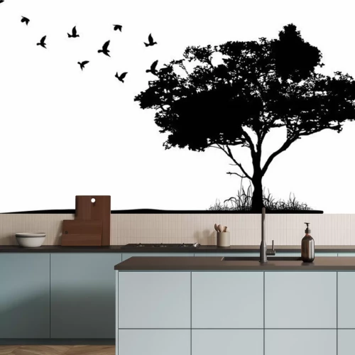 Sticker Schwarz-weiße Zeichnung Vögel großer Baum