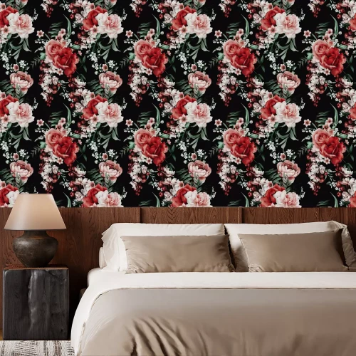 Tapete Seamless floral pattern with flowers on dark background, watercolor. Template design for textiles, interior, clothes, wallpaper. Botanical art