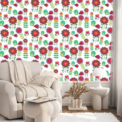 Tapete Bunte Ornamental Vögel und Blumen