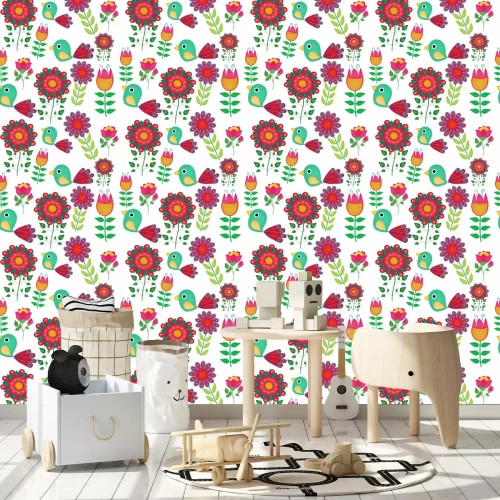 Tapete Bunte Ornamental Vögel und Blumen