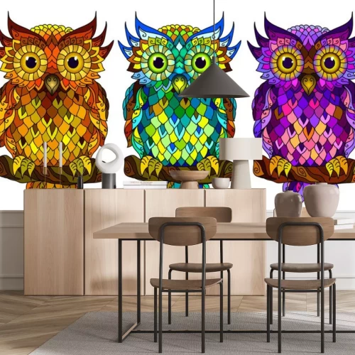 Sticker Owl. Wall sticker. Set of 3 artistic, hand-drawn, decorative multicolored owls on a white background.