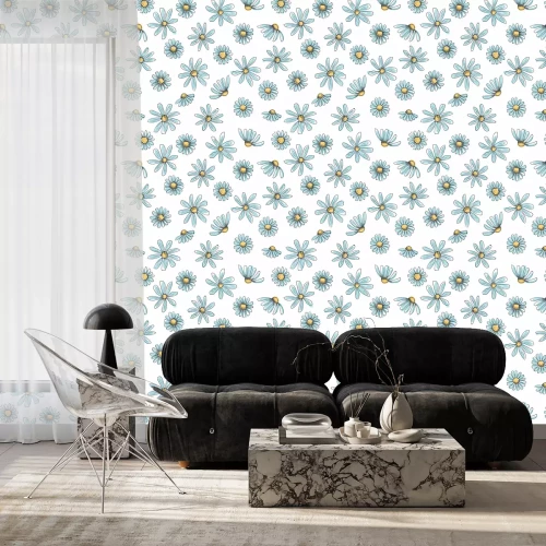 Tapete Blau gemalte Gänseblümchen