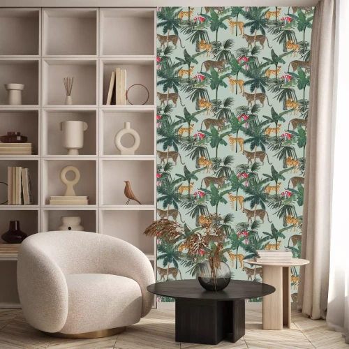 Tapete Tropical seamless pattern with palm trees, parrots and leopards. Summer jungle background. Vintage vector illustration. Rainforest landscape