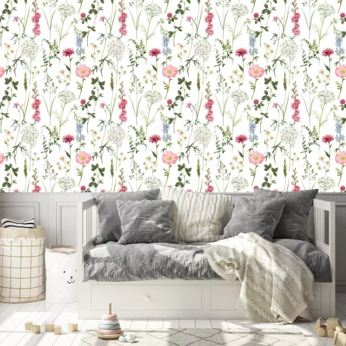 Tapete Beautiful vector floral summer seamless pattern with watercolor hand drawn field wild flowers. Stock illustration.