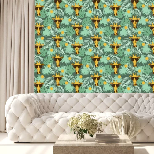 Tapete Giraffen zwischen Palmblättern