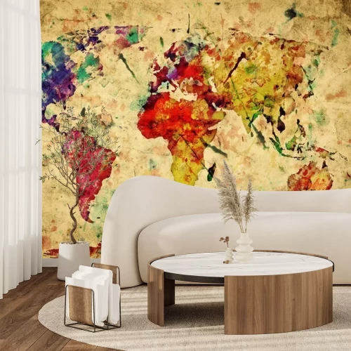 Sticker Weinlese-Weltkarte. Bunte Farben, Aquarell auf Papier Grunge
