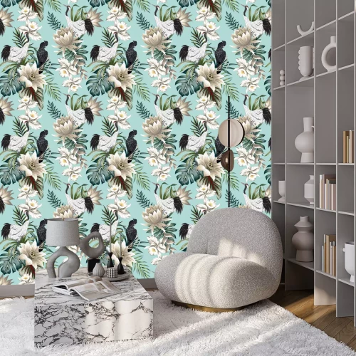 Tapete Kraniche und Papageien zwischen weißen tropischen Blumen