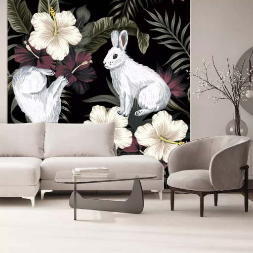 Sticker Weiße Hasen auf tropischem Pflanzenhintergrund