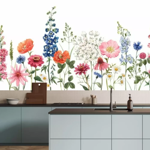 Fototapete Beautiful floral summer seamless pattern with watercolor hand drawn field wild flowers. Stock illustration.