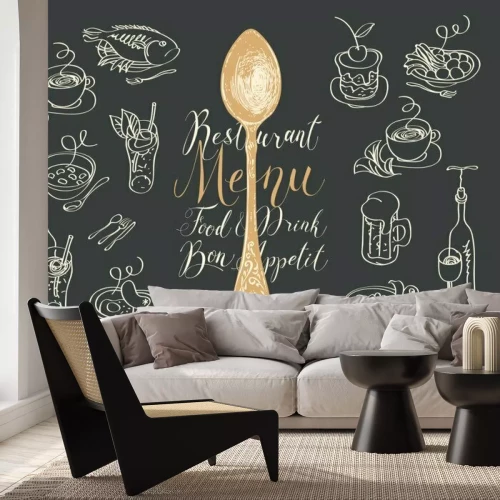 Fototapete Küchenlöffel zwischen gezeichneten Gerichten