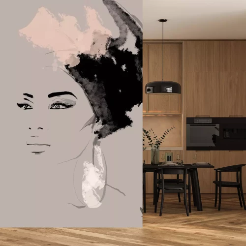 Sticker African American illustration for fashion banner. Trendy woman model background. Afro hair style girl