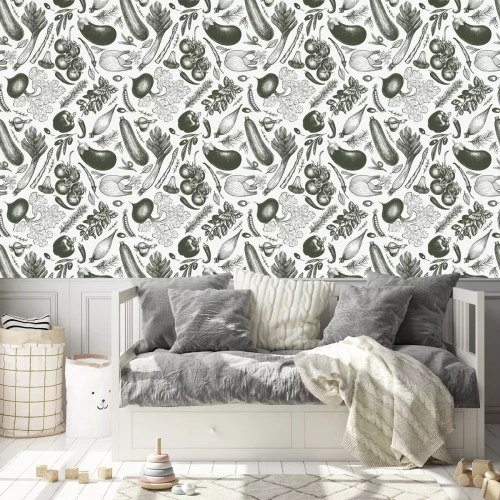 Tapete Gemüse im Retro-Stil in Grautönen