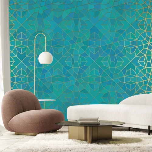 Sticker Abstract background with islamic ornament, arabic geometric texture. Golden lined tiled motif.