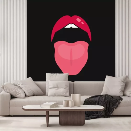 Sticker Open mouth women. Lips and tongue logo on black
