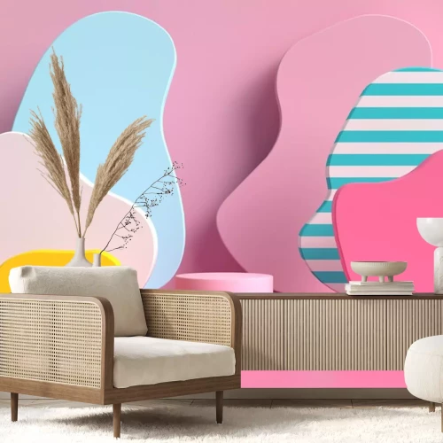 Sticker Bunte räumliche Formen auf einem rosa Hintergrund