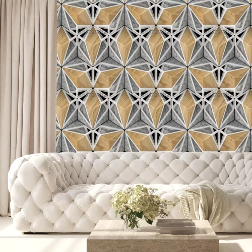 Tapete Eco hölzerne Fliesen 3d mit Weißmetall- und Weißmarmorelementen. Material Holz Eiche. Hochwertige nahtlose realistische Textur.