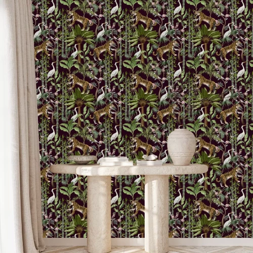 Tapete Seamless pattern in chinoiserie style with tiger, heron and jungle trees.