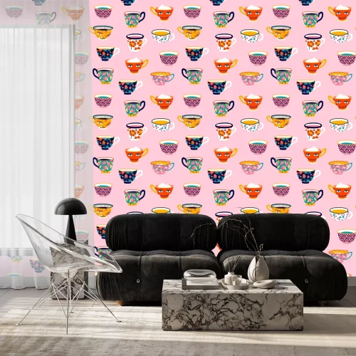 Tapete Set of various cups with tea or coffee. Side view. Different ornaments. Flowers, berries, etc Hand drawn colored trendy vector seamless pattern. Cartoon style. Flat design. Pink background