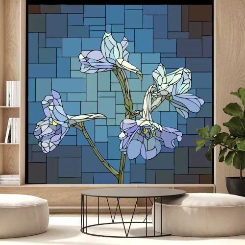 Sticker Vector stained glass window with blooming flowers of blue delphiniums.