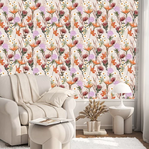 Tapete Bunte Wildblumen auf beigem Hintergrund