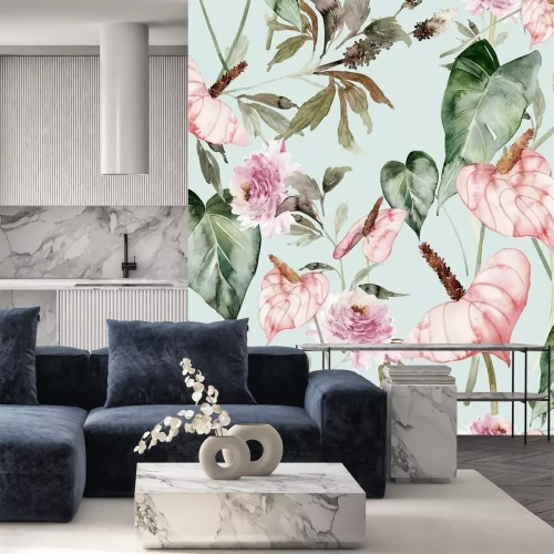 Fototapete Tropische Pflanzen und Blumen auf blauem Hintergrund