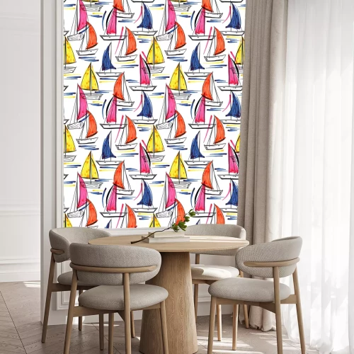 Tapete Beautiful trendy Hand drawn brush stroke of ship,wind surf ,boat on the ocean summer vibes seamless pattern in vector EPS10