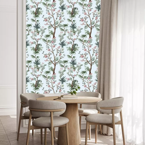 Tapete Pfingstrosen auf B?umen und exotische Bl?tter