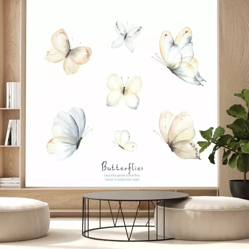 Sticker Set of flying gentle butterflies blue, beige, brown and indigo colors. Vector illustration in vintage watercolor style. Template for your design.