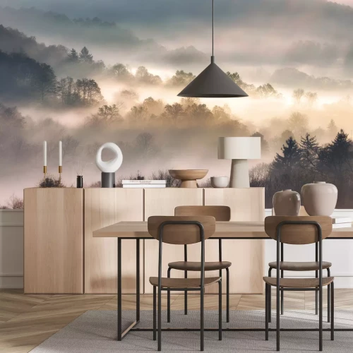 Fototapete Mist in forest with sunbeam rays, Woods landscape