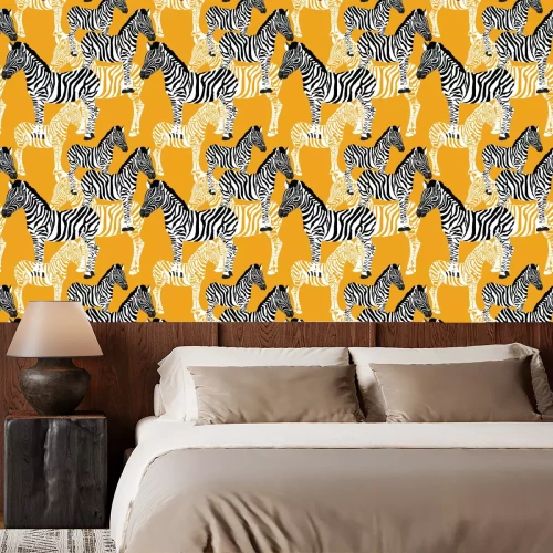 Tapete Zebras auf orangefarbenem Hintergrund