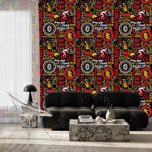 Tapete Retro styled vector bicycle seamless pattern or background in black, white, red and yellow colors. Bike shop and club badges. Mountain and road biking icons and design elements