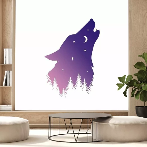 Sticker Kopf eines den Mond anheulenden Wolfs und Bäume