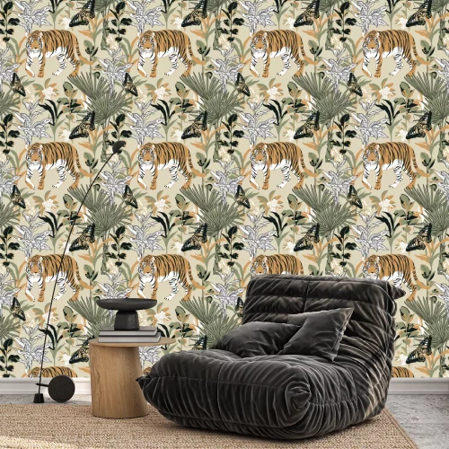 Tapete Seamless pattern with tiger in the tropics. Background with jungle, tiger and butterfly for surface design.