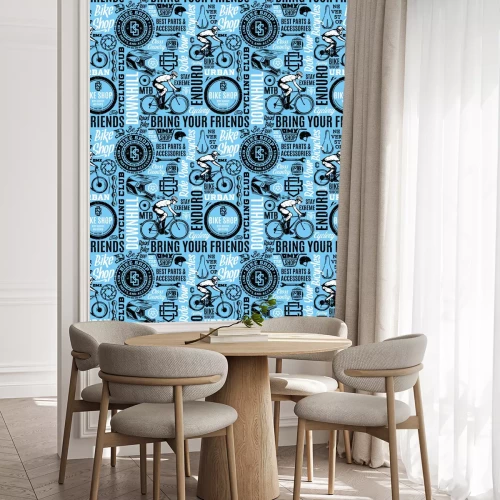 Tapete Retro styled vector bicycle seamless pattern or background in black, blue and white colors. Bike shop badges, mountain, bmx and road biking icons and design pieces