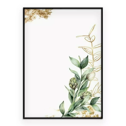 Poster Grüne und goldene Blätter auf weißem Hintergrund