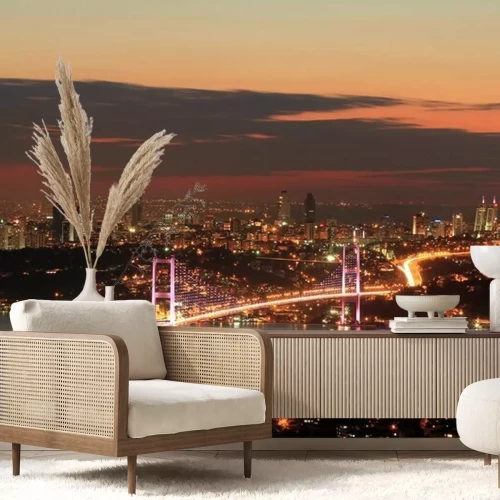 Fototapete Eine nächtliche Skyline mit beleuchteter Brücke