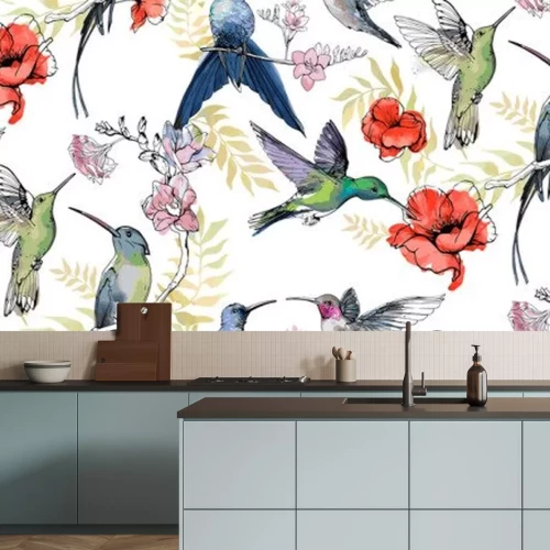 Sticker Muster mit Kolibris inmitten von romantischen Blumen