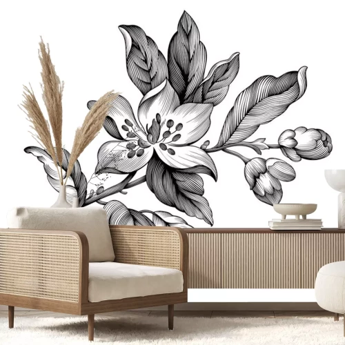 Sticker Schwarz-weiße Blumen vom Apfelbaum florale Illustration