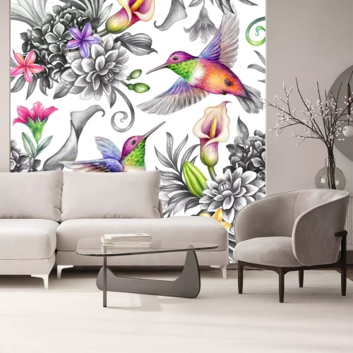 Sticker digital watercolor botanical illustration, seamless floral pattern, wild tropical flowers, humming birds, white background. Paradise garden day. Palm leaves, calla lily, plumeria, hydrangea, gerber