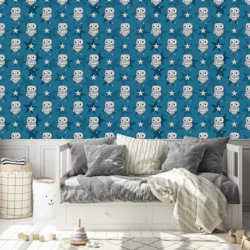 Tapete Eulen auf einem Hintergrund aus blauen Sternen