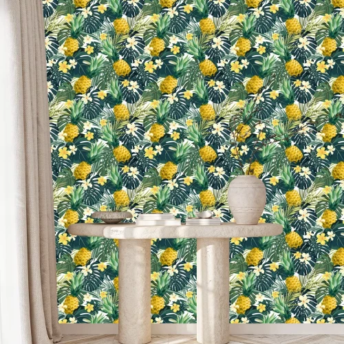 Tapete Tropische Blumenblätter und Ananas