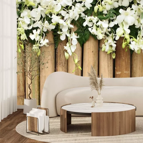 Fototapete Mit Blumen bewachsener Bambuszaun