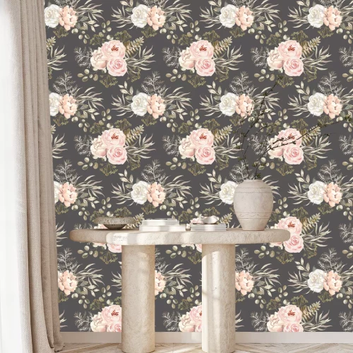 Tapete Pfingstrosen Rosen und Kr?uter grauer Hintergrund