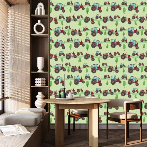 Tapete A Seamless pattern with a red tractor and trees on a green background, flat vector stock illustration for children or boys as a backdrop for printing on fabric, textile or wallpaper