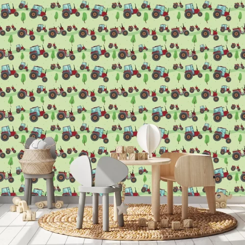 Tapete A Seamless pattern with a red tractor and trees on a green background, flat vector stock illustration for children or boys as a backdrop for printing on fabric, textile or wallpaper